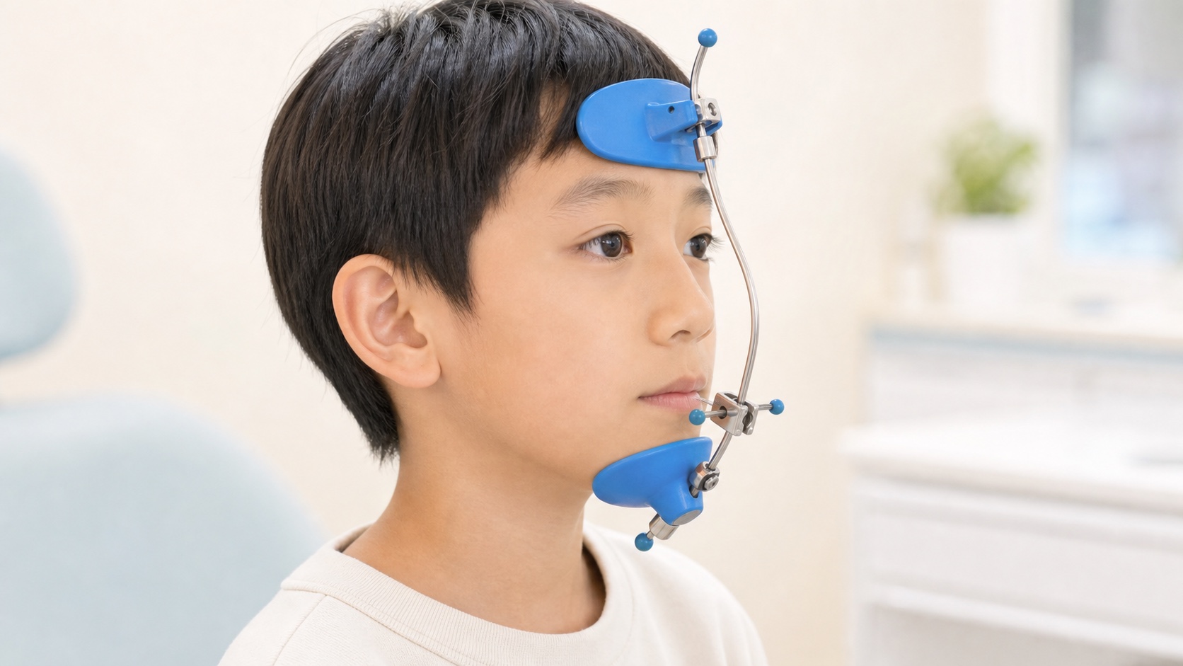 上顎前方牽引装置(フェイスマスク)を装着したお子さま